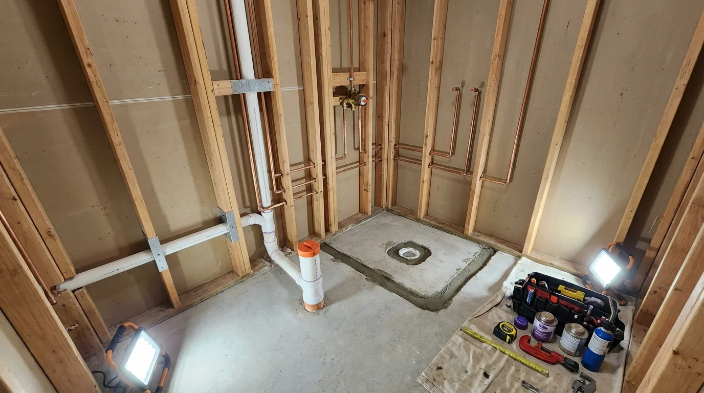 Bathroom rough-in plumbing during remodel by Johns Plumbing LLC in Allison