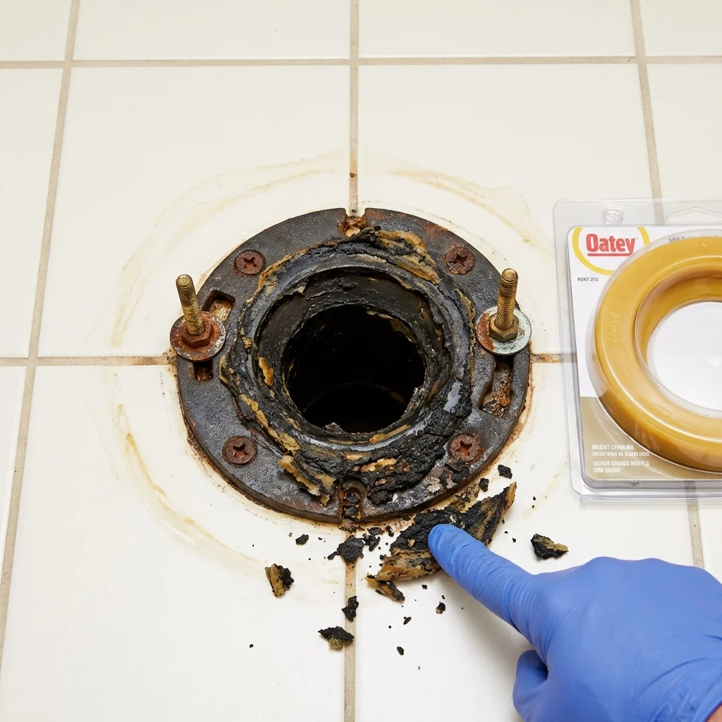 Failed wax ring showing water seepage at the base of a toilet in a Allison, IA home