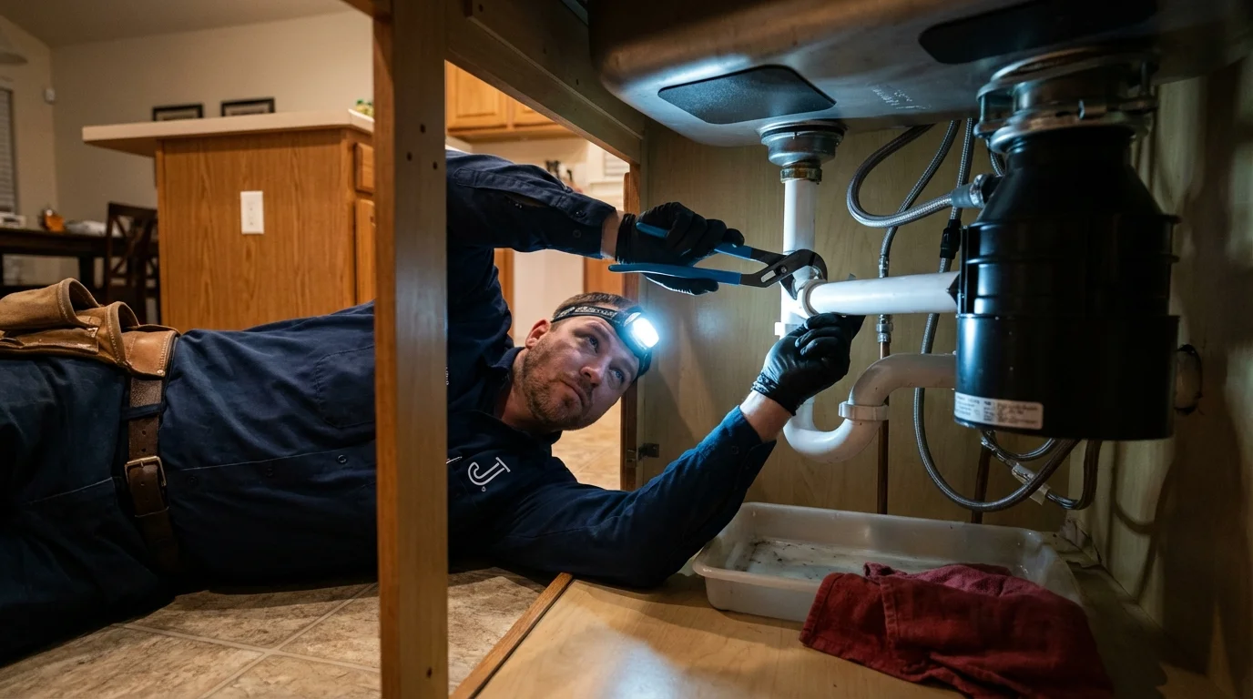 P-trap and supply line connections under a kitchen sink showing a common leak point in Allison, IA